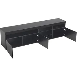 Moderner TV-Schrank 180x35x48 in Schwarz Hochglanz mit LED-Beleuchtung, Glasakzenten, praktischen Fächern und individueller Farbwahl