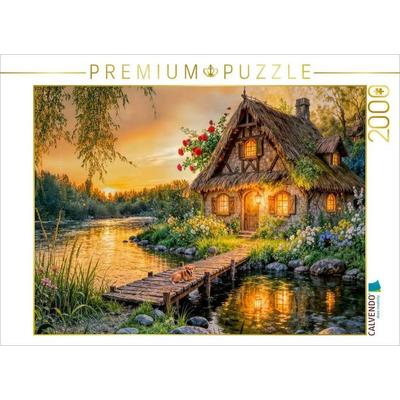 CALVENDO Puzzle Spätsommer Cottage am Fluss mit Hund auf der Brücke | 2000 Teile Lege-Größe 90x67cm Foto-Puzzle für glückliche Stunden