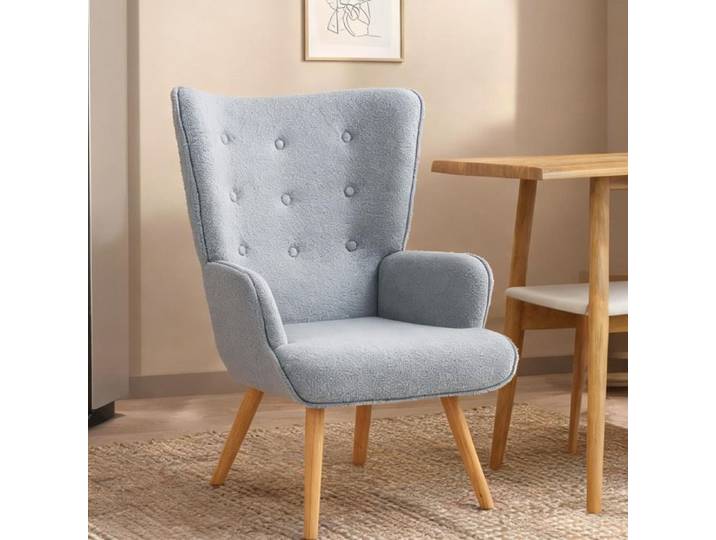 Fauteuil capitonné en tissu bouclette gris clair pieds bois 71x74x96 cm style classique