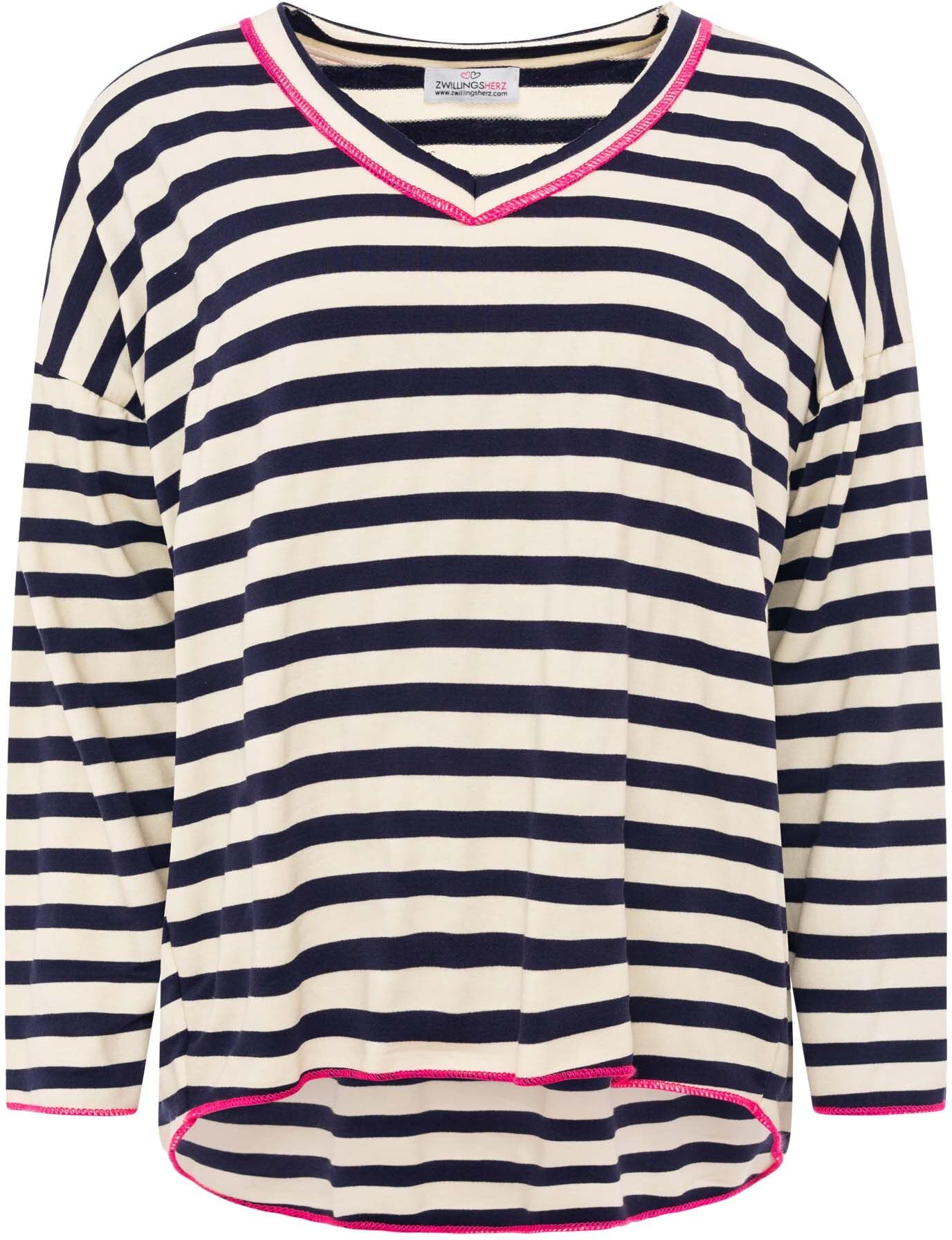 Sweatshirt ZWILLINGSHERZ "Neon Streifen", Damen, navy, Web, Obermaterial: 50% Baumwolle, 50% Polyester, gestreift, kontrastfarbene Details, mehrfarbig, bequem hüftlang, V-Ausschnitt, offene Kante kontrastfarben, Sweatshirts Sweatshirt, offene Kanten für U