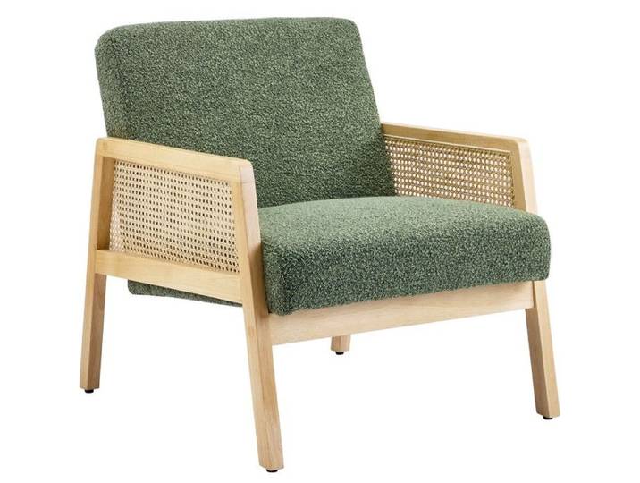 Fauteuil en cannage et tissu bouclé vert - Mani