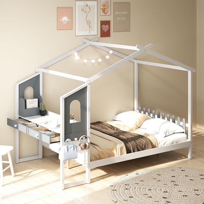 Hausbett mit Schreibtisch 140x200 cm, Kinderbett mit Lattenrost, Schreibtisch mit Aufbewahrungsbox, Schubladen und Haken, Jugendbett, Holzbett für Kinder, Weiß
