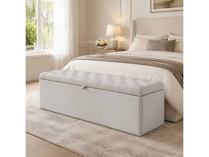 WUVRIE Banc coffre rembourré 141 x 41 5 x 42 cm en lin gris clair avec rangement bout de lit