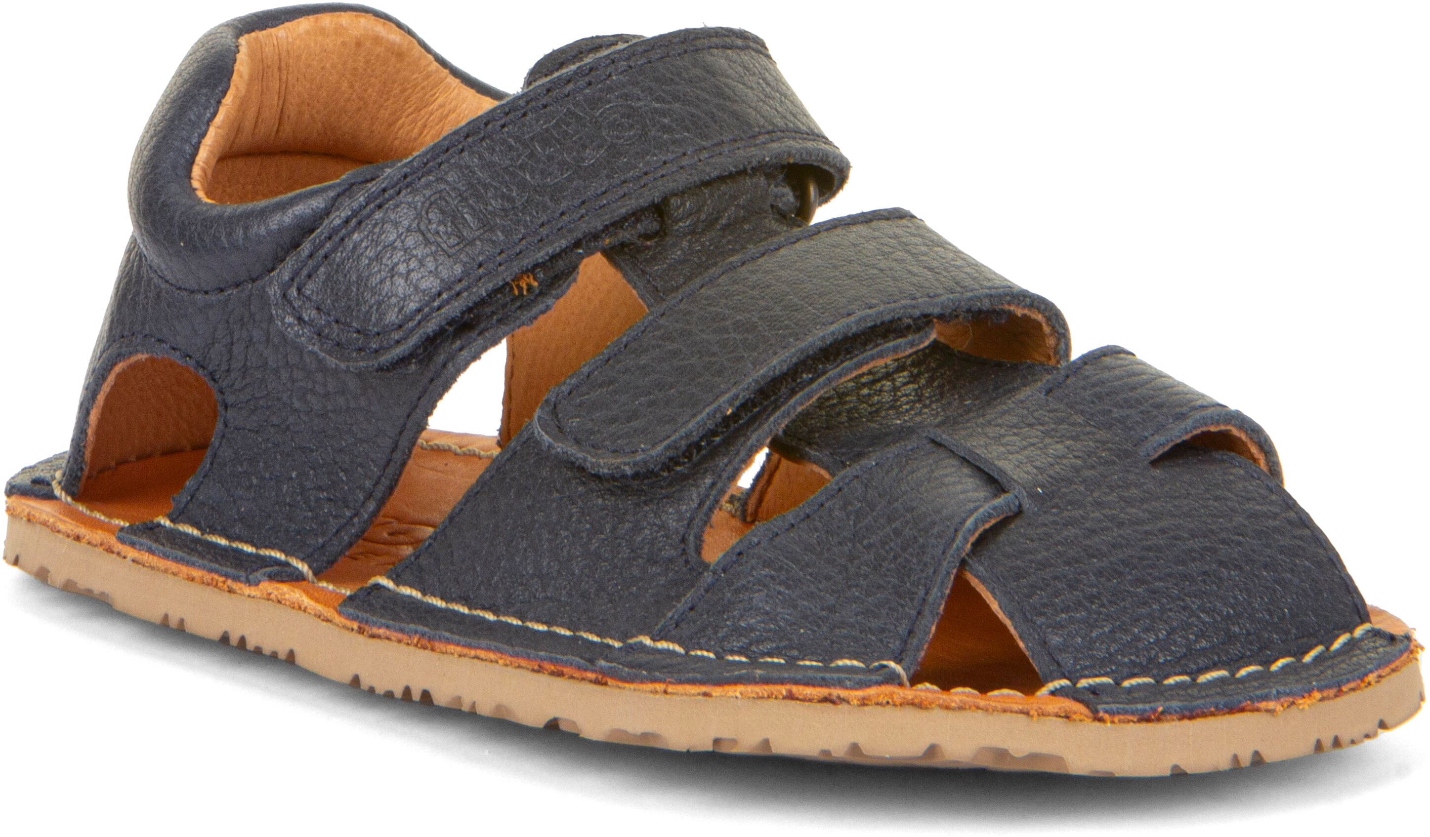 Barfussschuh FRODDO "Sandale Flexy Avi", Jungen, Gr. 24, chromfrei gegerbt, blau (dunkelblau), Leder, unifarben, Schuhe Barfussschuh, Sommerschuh, Poolslides, Klettschuh, mit zwei Klettverschlüsse dunkelblau 24, chromfrei gegerbt