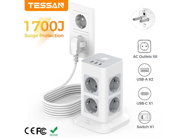 TESSAN tour multiprise multi prises avec USB A + 1 Type C 2M câble d'extension prise ue prise électrique verticale Protection contre les surtensions, multiprise, rallonge electrique