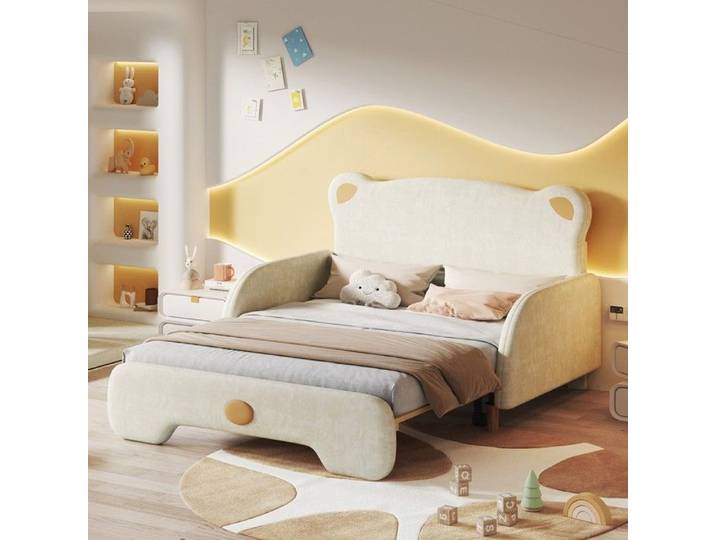 Lit double ours - Zephmum - 140x200 capitonné enfant jour tiroir mousse lattes velours beige