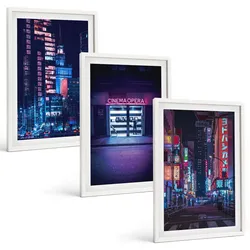 BILDER SET 3er Set - 40x60 cm Weißer Rahmen - Neon-Eingang zur nächtlichen Stadt