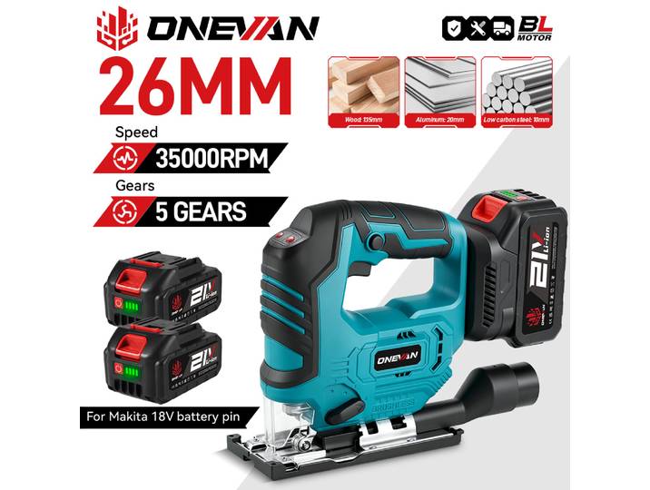 Scie sauteuse électrique sans balais ONEVAN 26 mm 3500 tr/min 1000 W multifonction 3 vitesses variables pour outil de travail du bois compatible avec batterie Makita 18 V