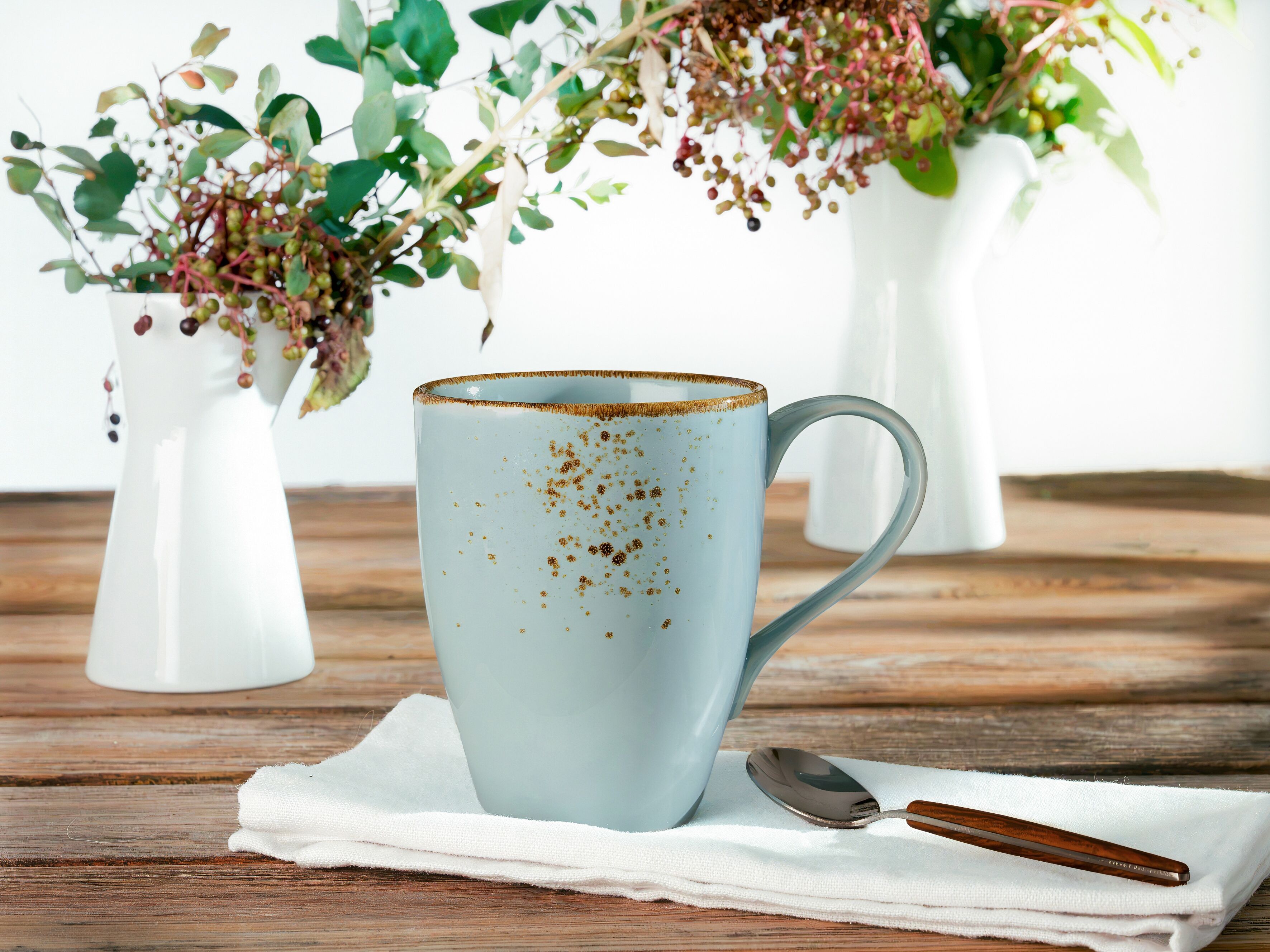 Becher CREATABLE "Kaffeebecher NATURE COLLECTION", blau (hellblau), 6 Stk., Steinzeug, Trinkgefäße, Becher, Tassen Set, 6-teilig