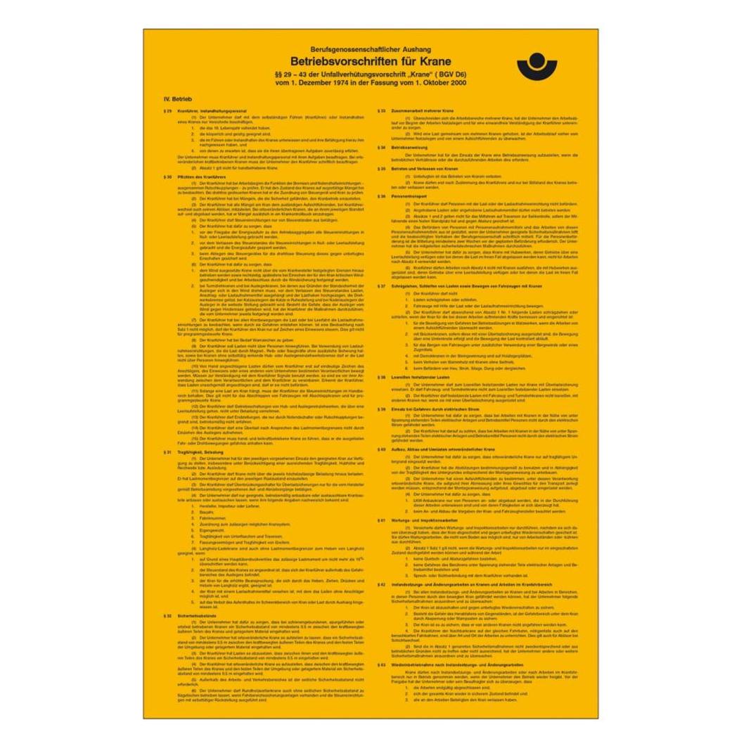 SafetyMarking Aushang Berufsgenossenschaft Betriebsvorschriften für Krane (43.2936)