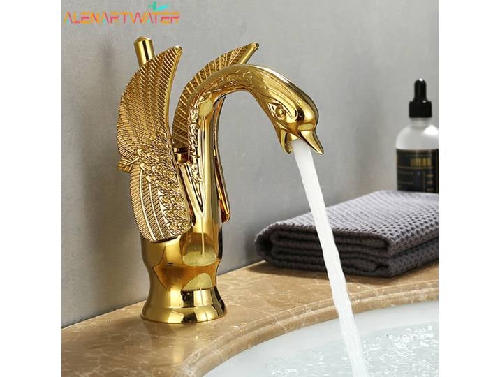 Robinet de lavabo doré, évier monté sur le pont, robinets courts en forme de cygne, évier à poignée unique, robinet mitigeur d'eau chaude et froide