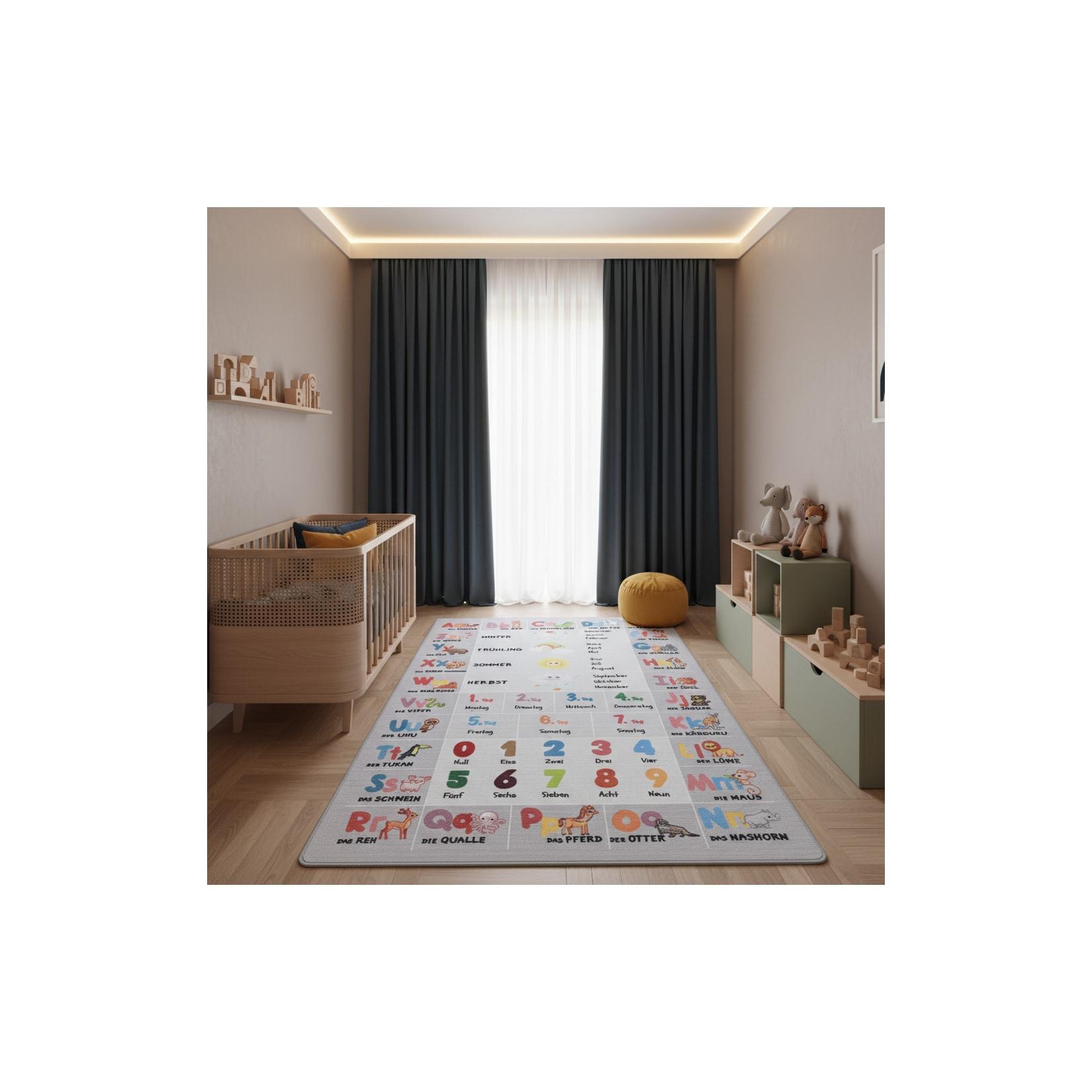 Kinderteppich TRAUN, mit Alphabet-Zahlen-Tiere-Motiv, Grau, 120 x 170 cm
