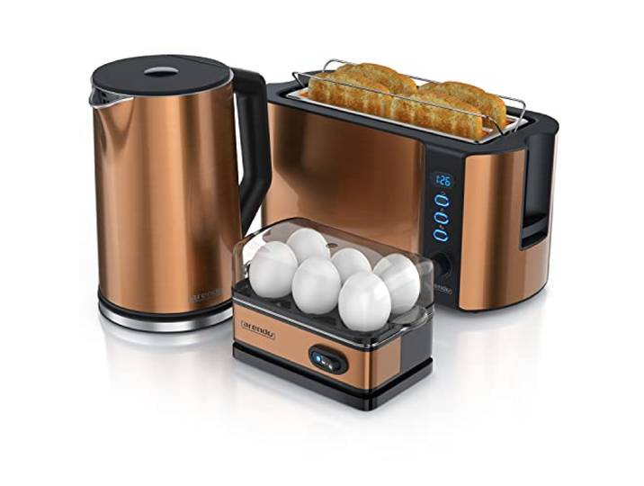 Arendo - Wasserkocher mit Toaster SET und Eierkocher, Edelstahl Kupfer, Wasserkocher 1,5L 40° - 100°C, Toaster 4 Scheiben LED-Display 6 Bräunungsgrade, Eierkocher 1-6 Eier Messbecher