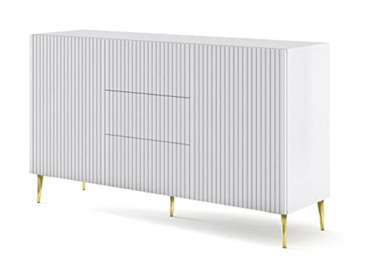 BIM Furniture Kommode Ravenna B 2D3S 150 cm mit gefräster Front Hochwertiges MDF, Sideboard, Buffet auf goldenen Metallstiftbeinen, 2 Schränke, 3 Schubladen (Weiß Matt)