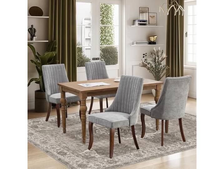 SoarFlash Set aus 4 Esszimmerstühlen, hoher Rücken mit vertikaler Polsterung, abgerundete Vollholzbeine, Elegante Polsterstühle für das Esszimmer, Grau