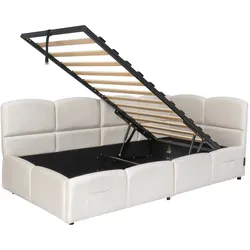MODFU Schlafsofa Samt Beige 90x200 cm mit hydraulischem Stauraum, USB-A/USB-C und Lattenrost