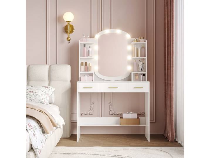 Table de toilette avec miroir ovale, table de toilette, tiroirs avec compartiments ouverts, pour chambre à coucher et dressing, blanc