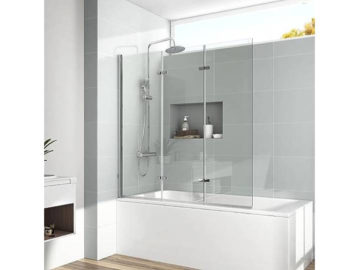 EMKE Duschtrennwand Badewanne, 130x140cm, 3-teilig 6mm Sicherheitsglas Badewannenaufsatz, Spritzschutz, Duschwand Für Badewanne, Glaswand Badewanne, Leicht Zu Reinigen, Extra Breit, 3-Teilig