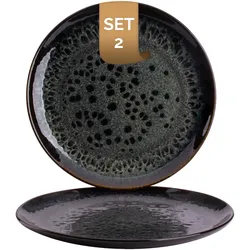 Palmer Eccentric flache Teller groß - 2er-Set, Steinzeug, Ø  28 cm, dunkelblau glänzend mit braunem Rand, organische Form, für Pizza, Menü