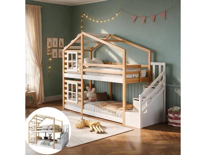 Lit Mezzanine Cabane Superposé 90x200 cm avec Escalier Rangement - Lit Superposé Cabane Enfant - Lit au Sol - Sommier Inclus - Blanc