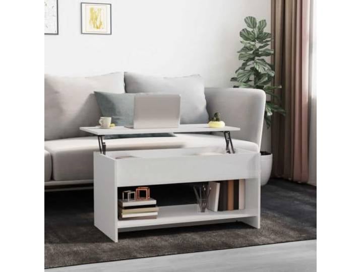 TEKGHUT Couchtisch Hochglanz-Weiß 102x50x52,5 cm Holzwerkstoff mit Staufach Verstellbare Tischplatte, verstecktes Staufach, feuchtigkeitsbeständig, stabiles Holzwerkstoff, moderne Optik