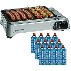 Gasgrill 1900W Antihaft-Grillrost + 12 Gaskartuschen Camping KEMPER