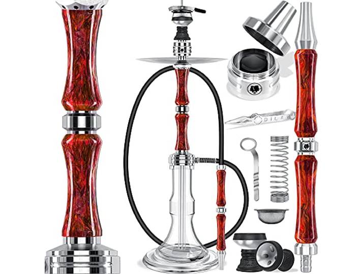 DILAW® Shisha Set Eclipse 79cm Edelstahl Wasserpfeife Profi Zubehör Hookah Komplett-Set inkl handgefertigtes Glas-Bowl, Acryl-Mundstück, Steinkopf, Molassefänger, Silikonschlauch, Kaminaufsatz & Zange