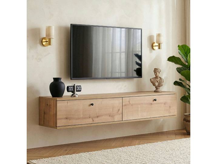 Meuble Tv Suspendu 2 Portes Décor Chêne 140 Cm Marfa