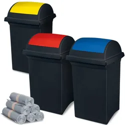 BRB 3 Schwingdeckel-Abfallbehälter 50 Liter, Polypropylen-Kunststoff, Korpus anthrazit/Deckel blau/gelb/rot inkl. 300 Müllsäcke 100 Liter