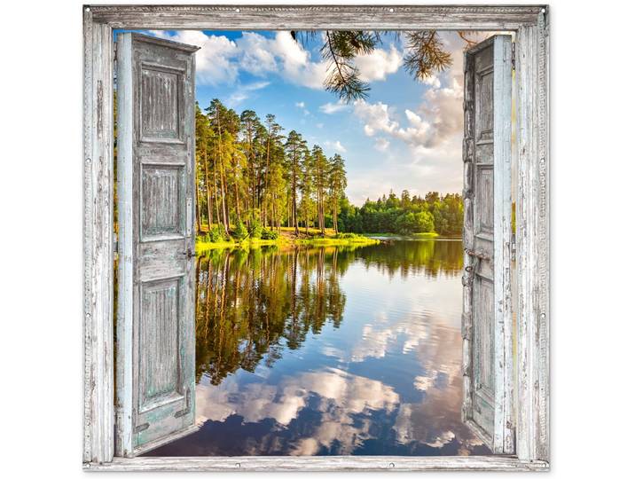 Tuinposter - Doorkijk - Bos - Bomen - Wolken - Tuinposter doorkijk - 200x200 cm - Schuttingdoek - Tuinschilderij