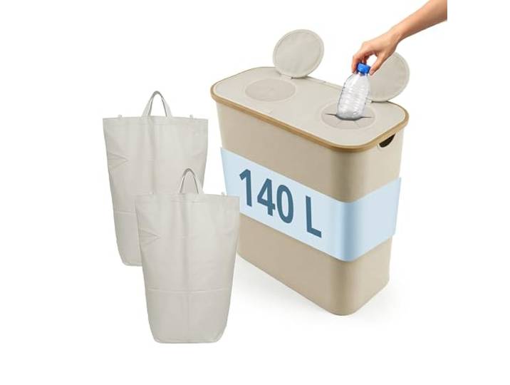 Relaxdays Pfandflaschen Sammelbehälter, 140 L, bis 60 Flaschen, 2 Innenbeutel, Flaschensammler für Glas & Plastik, beige