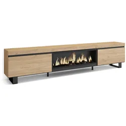 SKRAUT HOME Wohnzimmer-TV-Schrank, Viel Stauraum, 267x35x57cm, Großformat-TV, XXL-Elektrokamin, Industriedesign, Farbe Eiche _ 489_22