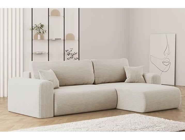 Kaiser Möbel, Sofa mit schlaffunktion, mit Bettkasten, Schlafsofa Capri, Designer Sofa, Modern Design Couch, Polsterecke, Freistehend, Stoff POSO Ecru Rechts