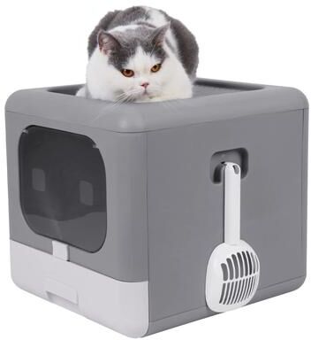 Uplifted Goods Foldable Enclosed Cat Litter Box With Sifting Drawer Front And Top Entry grey
