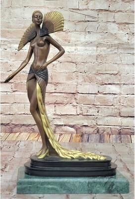 Bronzhaus J. Erte Bronze Goddess Sculpture – Art Nouveau Inspired Figurine With Golden Accents On Marble Base