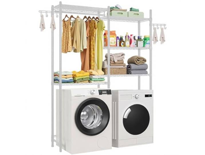 VEVOR Étagère de rangement pour lave-linge et sèche-linge à 5 niveaux\, étendoir à linge avec tringle et crochets\, étagères réglables à deux rangées\, gain de place\, pour buanderie\, salle de bain\, blanc