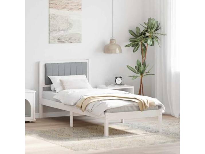 Kiefernholz gepolstertes Kopfteil modernes Design 75 x 190 cm Weiß Bettgestell mit gepolstertem Kopfteil Hellgrau 75x190 cm Massives Kiefernholz Stabil Modernes Design Einzelbett mit