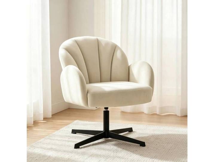 Fauteuil pivotant design en velours beige/noir – dossier coquille rotation 360° 120 kg