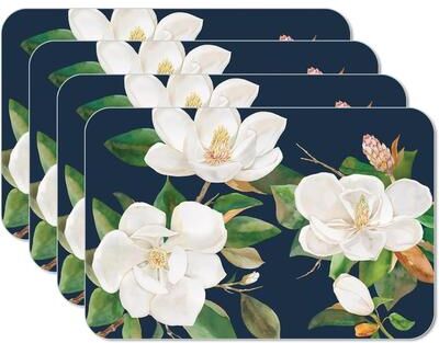 CounterArt Magnolia in Bloom 4 Pack Reversible Easy Care Flexible Plastic Placemats Made in The USA BPA Free Easily Wipes Clean