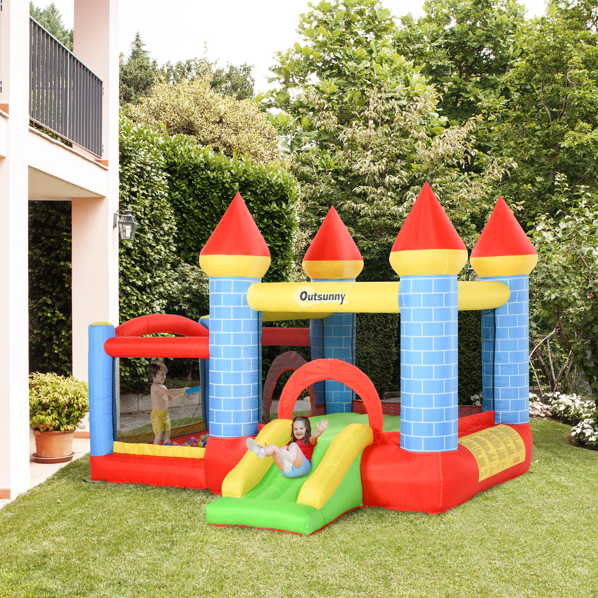 Outsunny Castello Gonfiabile rapido e Rimbalzante per 3-8 Anni con Scivolo e trampolino, Piscina e Canestro, 280x260x210 cm, colorato   Aosom Italy