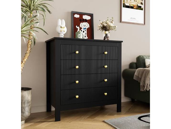 Buffet / commode - SOGEU - Noir - 5 tiroirs spacieux - Poignées dorées - Pieds renforcés