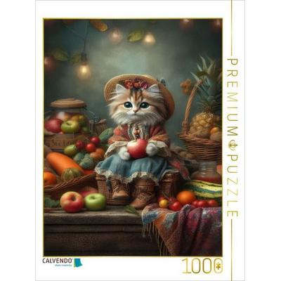 CALVENDO Puzzle Frisches Obst und Gemüse nach Landfrauenart bietet diese kleine Katze an | 1000 Teile Lege-Größe 64x48cm Foto-Puzzle für glückliche