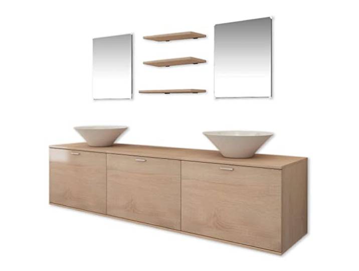 HGPOTUY 8-TLG. Badmöbel Set Beige, Waschtisch Wandschrank mit 2 Waschbecken 3 Einlegeböden, 2 Spiegel, Keramikbecken, Kratzfest, Einfache Montage, Ohne Armaturen