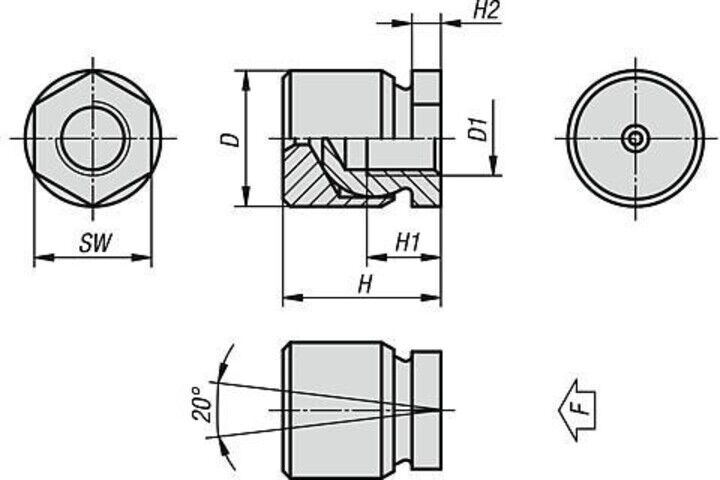 KIPP Gelenkfuß D1=M20 H36 SW30 Automatenstahl (K0304.20)