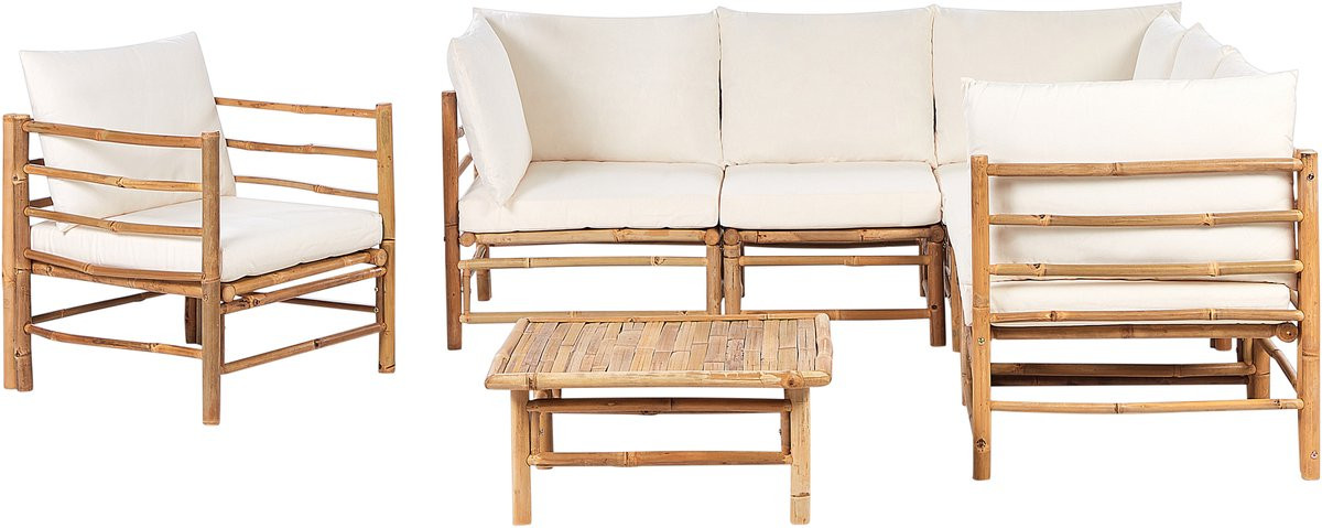 Cerreto 7-delige modulaire loungeset 5-zits hoekbank met fauteuil en salontafel van natuurlijk wit bamboehout