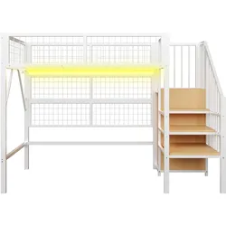 STILVORA Hochbett aus Metall in Weiß, 90x200 cm, mit LED, Stauraumtreppe