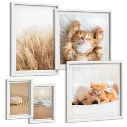 BILDER SET 5er Set - 50x50 cm & 20x30 cm & 40x60 cm Weißer Rahmen - Niedliche Tiere, Katzen, Hunde, Strand