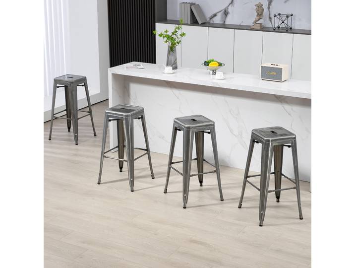 HOMCOM 4 Tabourets Bar Industriels 76cm Métal Argent