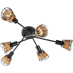 Deckenleuchte Rattan Deckenlampe 6 Flammig Deckenlampe Wohnzimmer, Industriell Metall schwarz braun, 6x E14 Fassungen, DxH 9x60cm