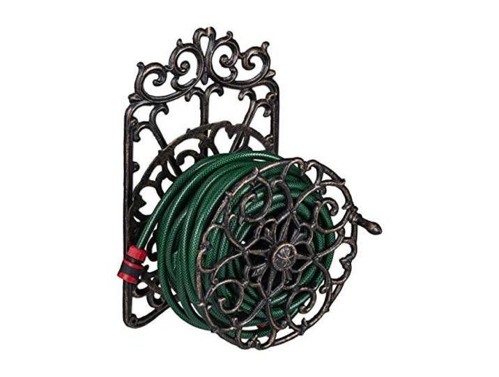 Relaxdays Support Tuyau d’arrosage\, Design Antique\, Rotatif\, Fixation Murale en Fonte\, HlP 34x23x18cm;Noir-doré